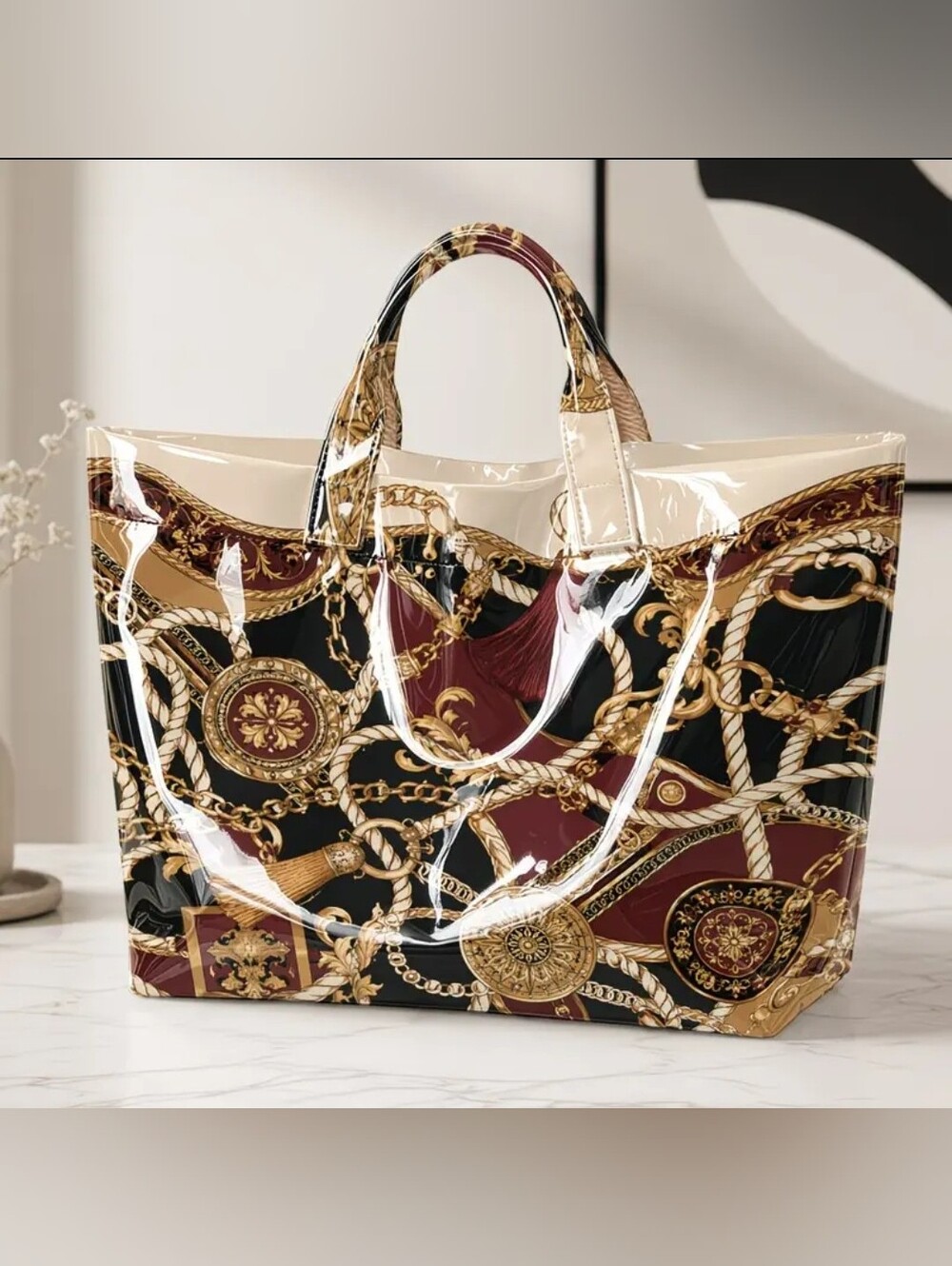 Women Chain Rope Pattern Print PVC Tote Bag Large - Picture 3 of 5